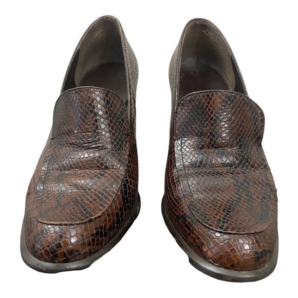 Nine West Brown Snake Print Loafers Block Heel Chunky Y2K 90's 8.5M Slip On - Picture 5 of 9